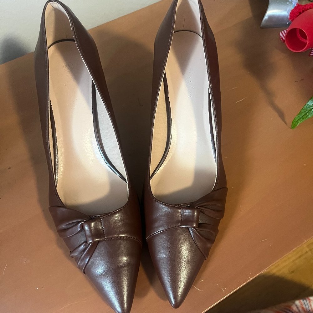 PiePieBuy Womens Twist Knot Stiletto Mid Heel Faux Leather Shoes